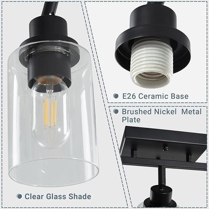 LOUSACE 4 Light Kitchen Track Light Fixtures Ceiling Vanity Lights Black, Bathroom Track Lighting Kit w/Rotatable Heads & Clear Glass Shade, Modern Wall Ceiling Tracking Light for Accent Shop Hallway