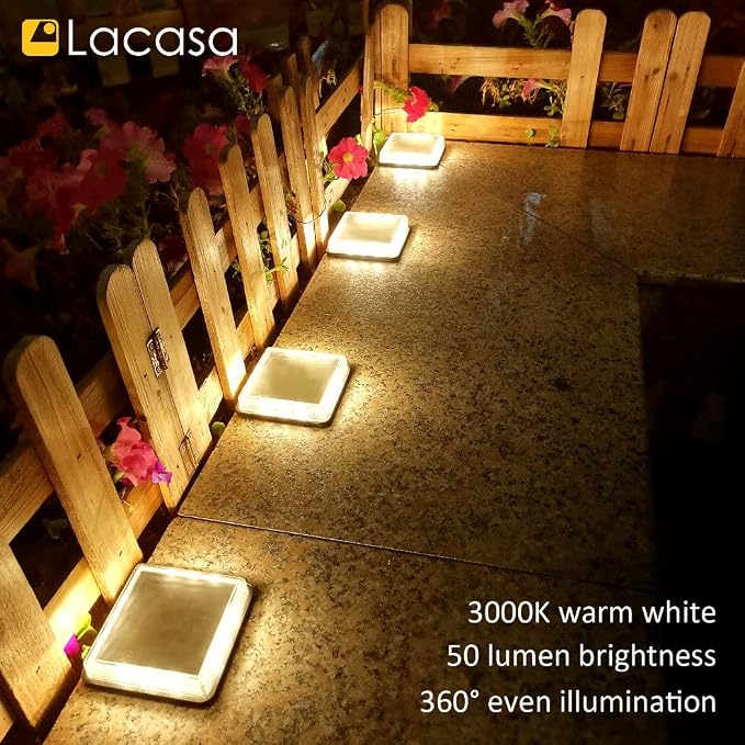 Lacasa Solar Deck Lights, 4 Pack Warm White Outdoor In-Ground Driveway Walkway Dock, IP68 Waterproof Solar Powered Stair Step Pathway Fence Auto On/Off LED for Garden Yard Patio