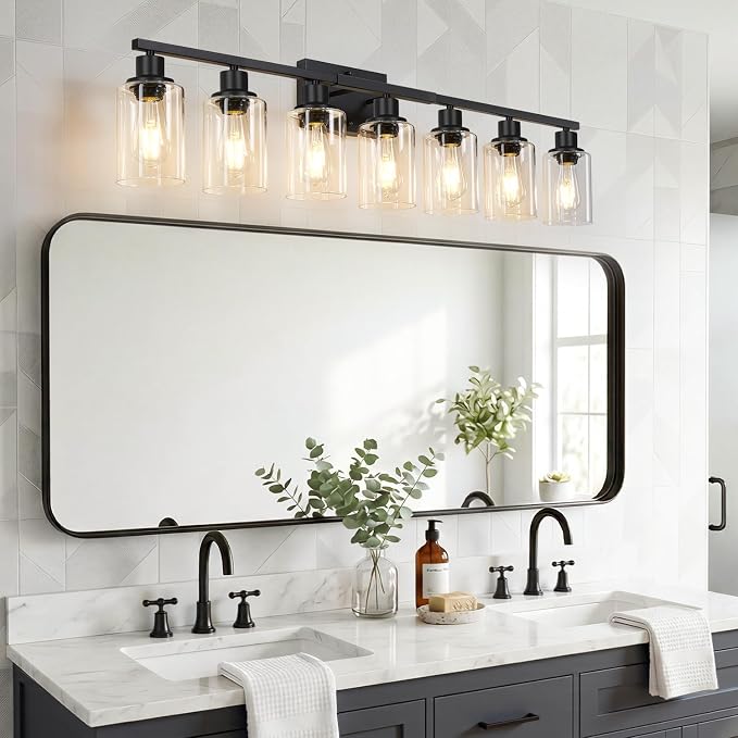 Indoi 7-Light Bathroom Light Fixtures, Matte Black Modern Vanity Lights with Clear Glass Shades, Bathroom Wall Lamp for Mirror Living Room Cabinet Bedroom Porch