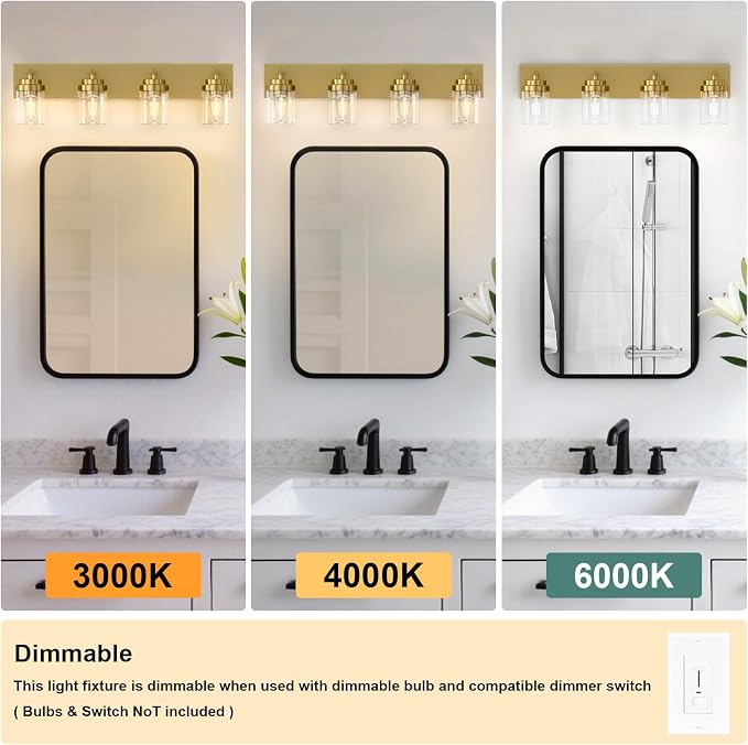 IZORRO Bathroom Vanity Light Fixture, 4-Light 30 Inch Gold Bathroom Light Fixtures Over Mirror, with Clear Glass Shade, Modern Farmhouse Vanity Lights, Rustic Restroom Lighting Fixtures