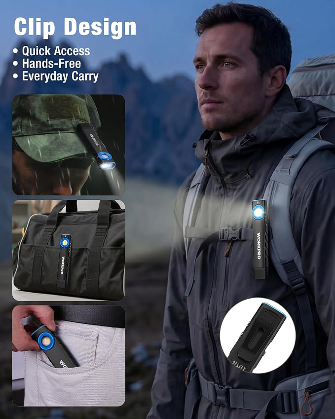 WORKPRO Rechargeable Pocket Flashlight, Magnetic EDC Light with UV, Black | Compact, 600 Lumens LED & UV Light, 2 Magnetic Bases, Pocket Clip, 7 Modes, Garage, Repair & Emergency Use