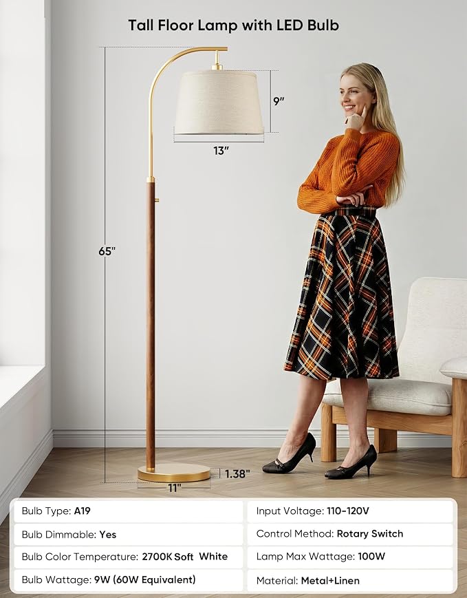 Dimmable Floor Lamp for Living Room, 65" Tall Metal Standing Lamp with LED Bulb, Mid Century Modern Arc Floor Lamp with Linen Shade for Bedroom, Reading Room, Office & Nursery, Gold and Walnut Color