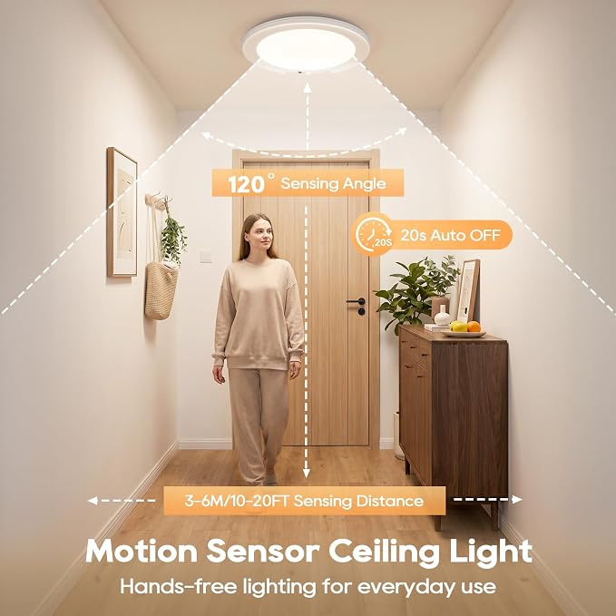 Rechargeable Motion Sensor Ceiling Light, 8000mAh Battery Operated Ceiling Lights with Remote, Magnetic Wireless Closet Light, 3 Color Dimmable LED Shower Lights for Closet Pantry Shed Hallway Patio