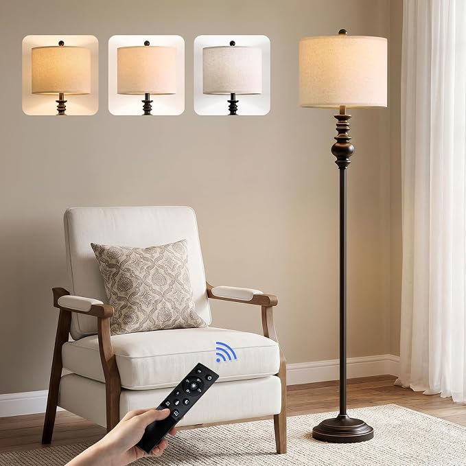 BOBOMOMO 64.25" Farmhouse Floor Lamp with Remote, Dimmable Black Floor Lamp with Adjustable Color Temperatures, Tall Standing Lamps for Living Room Corner, Bedroom & Office, 9W Bulb Included