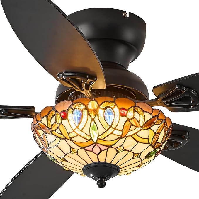 Tiffany Ceiling Fans with Lights-48"Ceiling Fan Chandelier and Glass Shade | 48" Ceiling Fan Chandelier with 5 Dual-Blades and Glass Shade, 6 Speeds and Reversible, Indoor and Outdoor, Retro Style