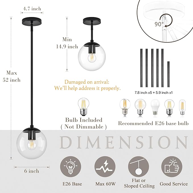 6" Globe Pendant Light Black 2 Pack Mid Century Pendant Light Globe Pendant Lights Kitchen Island Matte Black Finished with Clear Glass Adjustable Ceiling Light Fixtures for Dining Room Bar