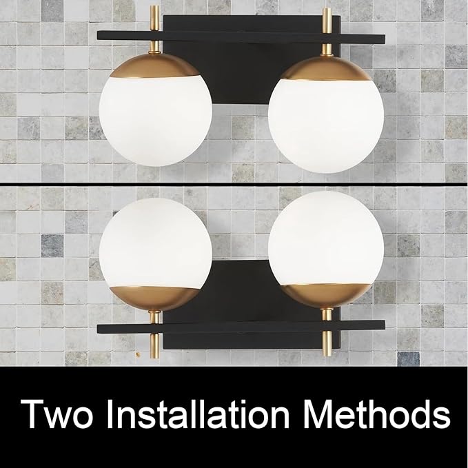 Mid Century 2-Light Bathroom Vanity Light Over Mirror, Black and Gold Modern Bathroom Light Fixtures with Milky White Frosted Glass Globe Shade, Wall Sconces for Bathroom, Stairs, Kitchen