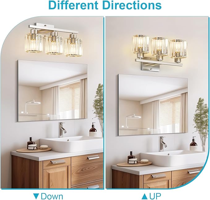 GOLSPARK Modern Crystal Bathroom Vanity Light, Brushed Nickel Bathroom Lighting fixtures Over Mirror, 3-Light Vanity Light Fixtures, E26 Base Crystal Round Shades for Bathroom, (Exclude Bulb)