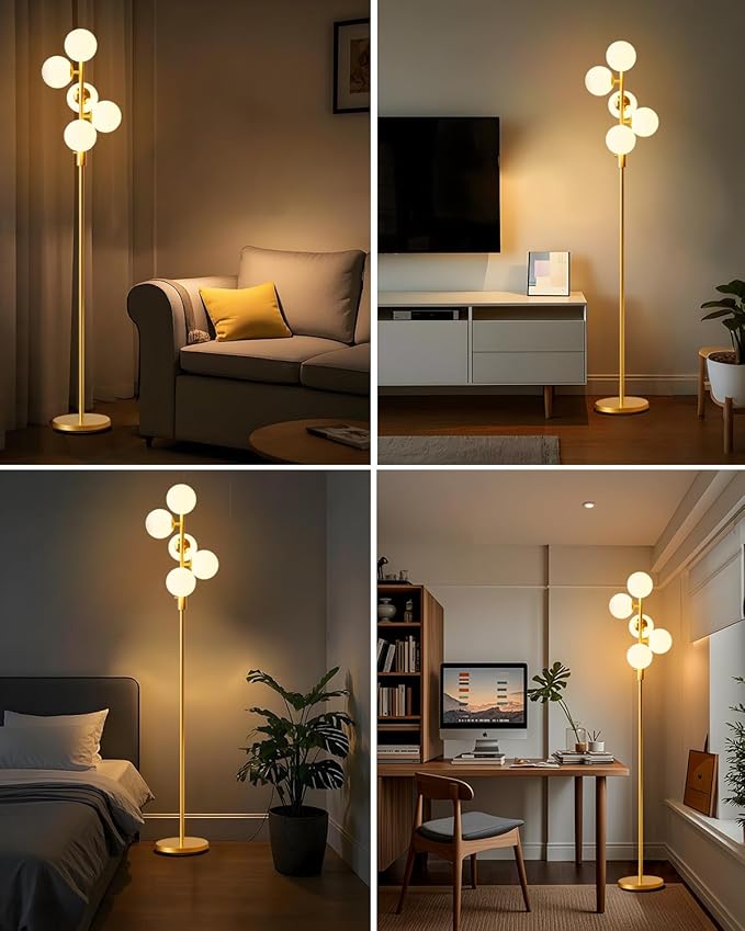 5 Light Modern Globe Floor Lamp Dimmable 64IN Tall Standing Lamps with 3000K Warm White Bulbs, Mid Century Gold Tree Floor Lamp for Living Room Bedroom Sofa Beside Home Decor