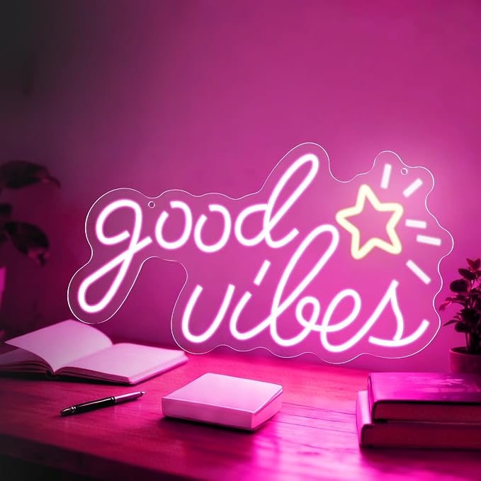Good Vibes Neon Sign, 16 * 8.6 Inches Led Sign, Neon Signs for Wall Decor with Dimmable Switch, Powered by USB Light up Sign, Pink Neon Lights for Teen Girls Bedroom, Salon, Party