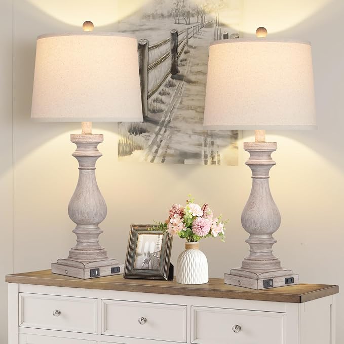 29" Tall Table Lamp for Living Room Set of 2,Vintage Bedside Nightstand Lamps with USB C+A Ports & AC Outlet,3-Way Dimmable Touch Control Desk Lamp for Bedroom,Color 2