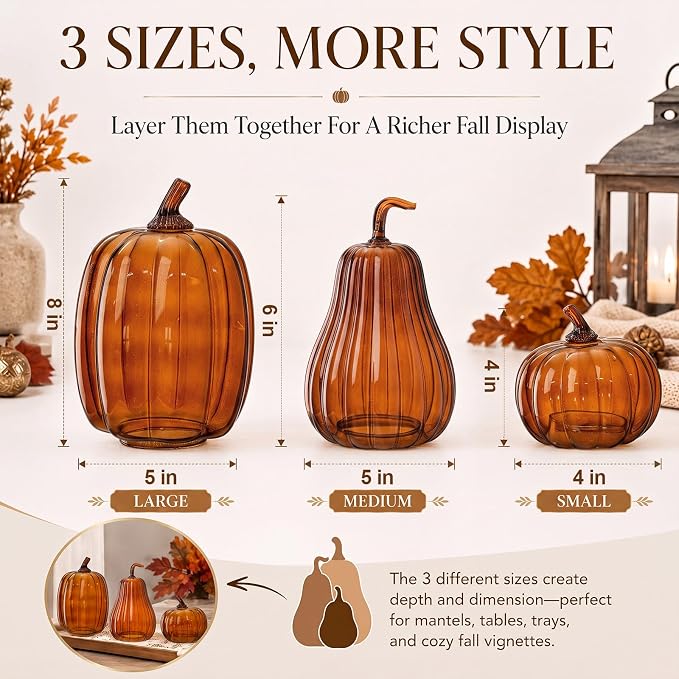 Yungyan Set of 3 Glass Pumpkin Lamp Shades Fall Decor,Brown | Pumpkin Candle Holder Rustic Thanksgiving Halloween Autumn Mantel Table Centerpiece Home Decoration, Lights Not Included