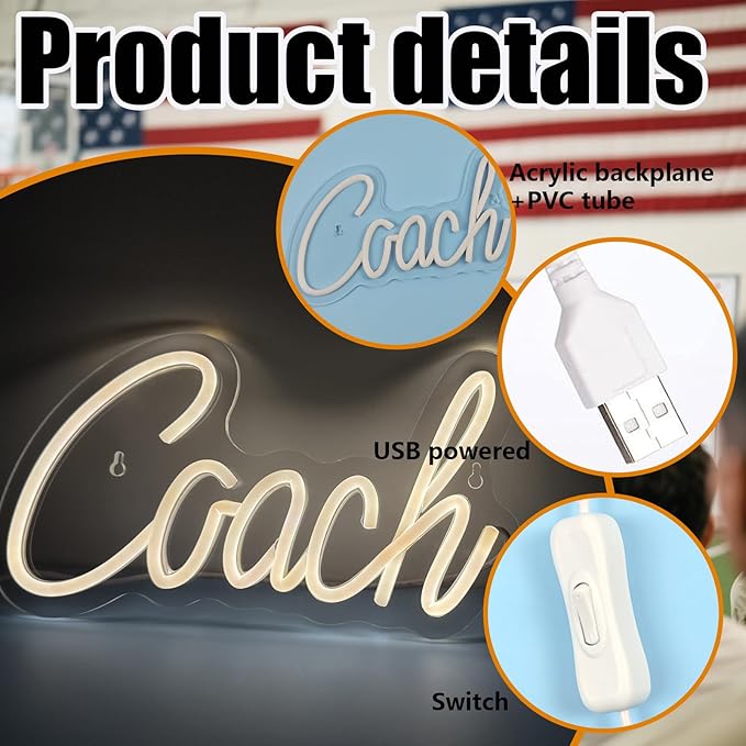 Coach Neon Sign, Basketball Led Neon Light, Dimmable LED Neon Signs for Wall Decor, Powered by USB Wall Decor Aesthetic, Sports Neon Signs for Room Bedroom Decor Coach Gifts