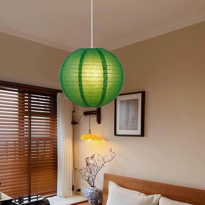 12 Inch Plug-in Paper Lantern Green Pendant Light, Rice Paper Lamp | Japanese Wabi-Sabi Light, 4.5M/15FT Adjustable Cord, E26 Socket, Soft Diffused Light for Bedroom, Dining Room & Cafe Decor
