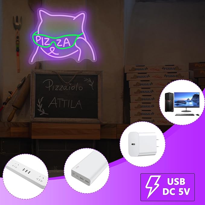 Pizza Sunglasses Cat Neon Sign, Anime Neon Signs for Pizzeria Wall Decor, Dimmable Led Signs for Bedroom, Light Up Signs for Resturant Kitchen Bar Beer Man Cave Party Decorations Gifts