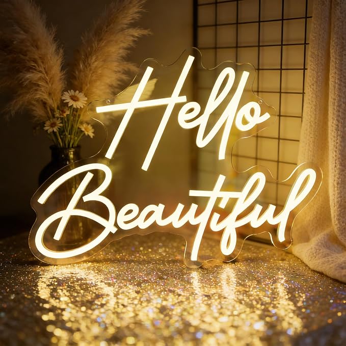Hello Beautiful Neon Sign for Wall Decor, Warm White LED Neon Light | Dimmable Gorgeous Girl Neon Light for Bedroom Salon Wedding Party Boutique Lash Room Beauty Room Wall Decor Gifts for Girls