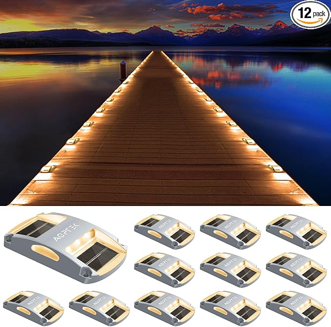 AGPTEK Solar Driveway Lights 12 Pack, Outdoor Deck Dock Marine Waterproof | LED Solar Powered Driveway Marker Lights for Warning Step, Sidewalk, Pathway, Garden, Yard (Warm White)