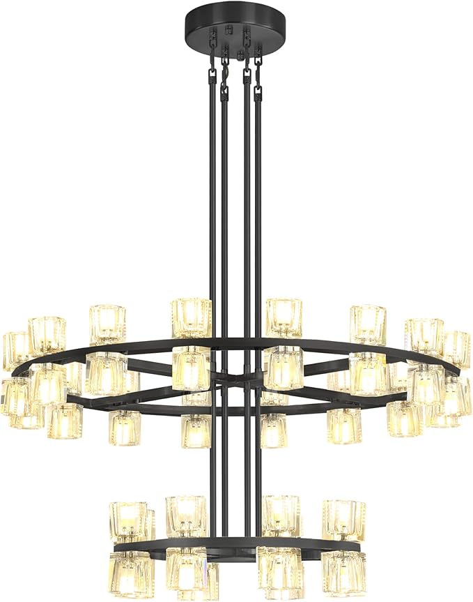 D16''+D32'' 2 Tier Black Wagon Wheel Chandelier, 48-Lights Farmhouse Pendant Light Fixture, Round Rustic Hanging Lighting for Dining Room Kitchen Island Foyer Entryway