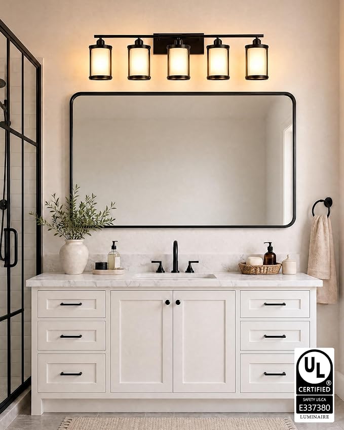 5-Light Matte Black Bathroom Light Fixtures Over Mirror with Frosted Milk Glass and Metal Cage Shade, 38" UL-Listed Modern Farmhouse Wall Sconce for Bath, Hardwire E26, OS-3014BKW-5W