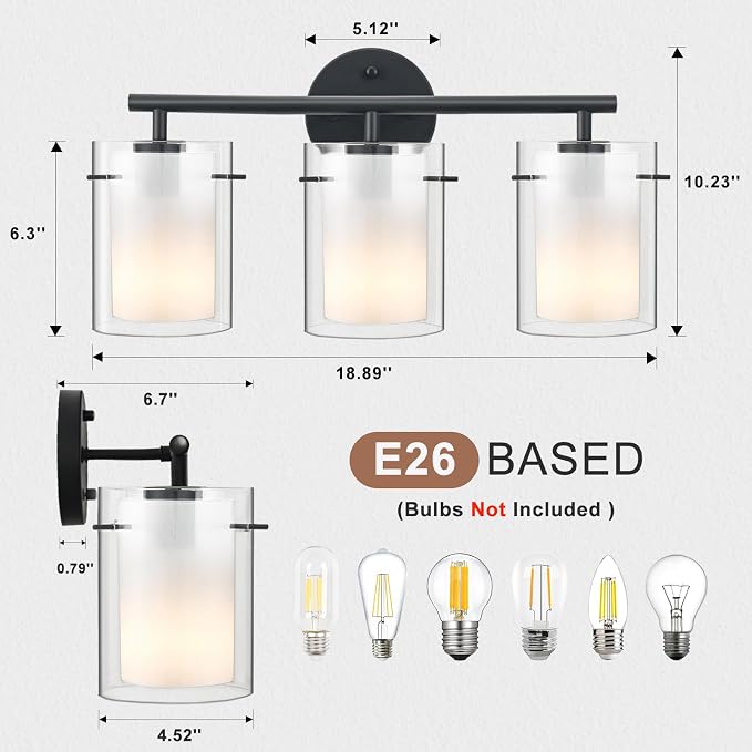 Matte Black Bathroom Light Fixtures Over Mirror with Dual Glass Shades, Modern 3-Light Vanity Lights, 20in Vanity Light Fixtures Above Mirror, Vanity Lights for Bathroom