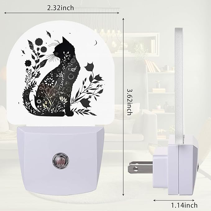 Black Cat Night Light, Cat Flower Night Light Plug into Wall with Dusk to Dawn Sensor, LED Lamp Energy Saving Lights for Men Women Boys Girls,Lamp for Bedroom Bathroom Hallway