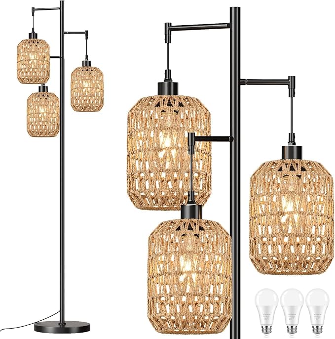 QIYIZM Floor Lamp for Living Room,Bedroom,Boho Rattan Tree 3 Lights Farmhouse Floor Lights,Industrial Black Standing Lamp Wicker Rustic Tall Lamp,Woven Bamboo LampShade Floor Lamps Bohemian