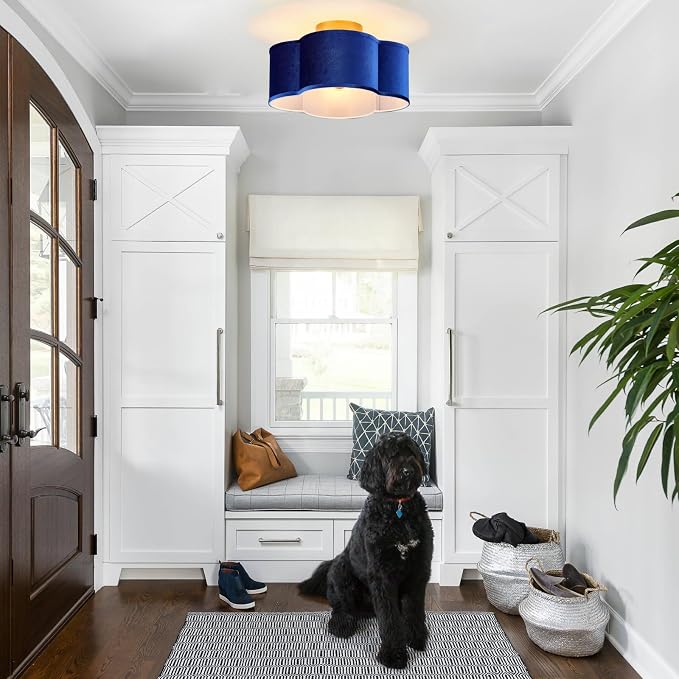 VILUXY Modern Semi Flush Mount Ceiling Light Fixture, Blue and Gold Ceiling Lights with Velvet Fabric Shade 4-Light Drum Ceiling Light Fixture for Bedroom Nursery Hallway Entryway Kitchen, UL Listed