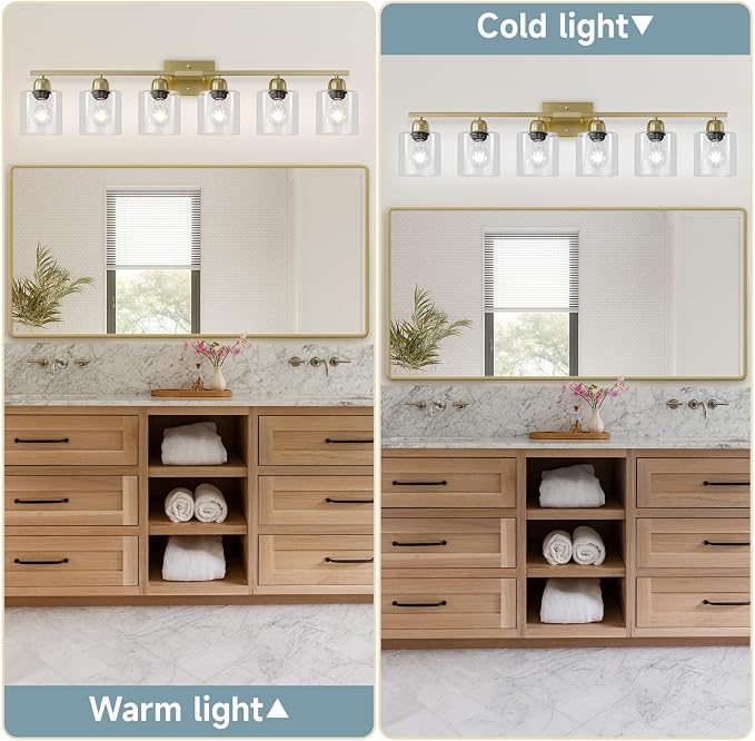 Modern Brushed Gold 6 Light Bathroom Light Fixtures,38 inch Vanity Lights for Bathroom with Clear Glass, Vanity Light for Mirror Kitchen Living Room Hallway Cabinet Porch