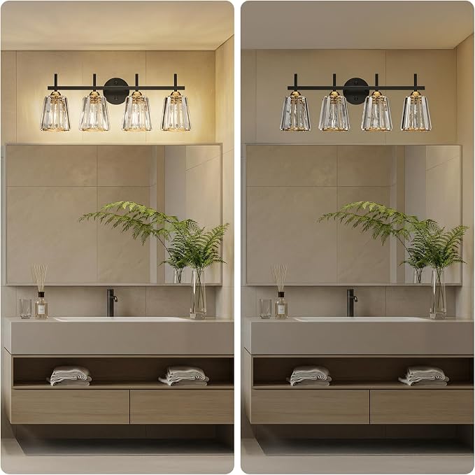 Crystal Bathroom Light Fixtures Over Mirror, Black Gold 4-Light Bathroom Vanity Lights Over Mirror Modern Wall Lighting Sconces with Ceramic E26 Base (Bulbs Not Include)