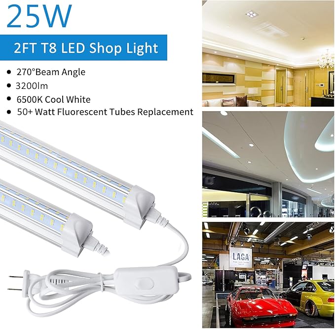 Led Shop Light, Led Garage Light,2FT 25W 6500K Daylight 3200LM Linkable Clear Cover Integrated V-Shape for Shop Under Cabinet Office General Lighting,Cool White(4-Pack)