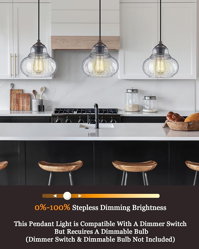 ELYONA 8 Inch Pendant Light Fixtures Seeded Bubble Glass Hanging Light Industrial Pendant Lighting for Kitchen Island Farmhouse Bar Bathroom Dining Room Oil Rubbed Bronze Finish