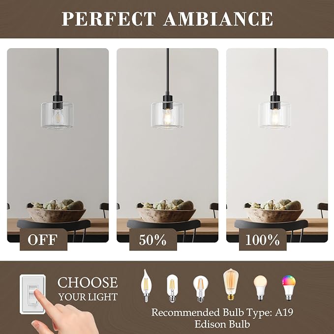 Black Pendant Lights Kitchen Island, 1-Light Modern Clear Glass Hanging Light Fixtures with Rods, Mini Kitchen Pendant Lighting Over Island for Sink Bathroom, OS-YQ8153-1PBKC