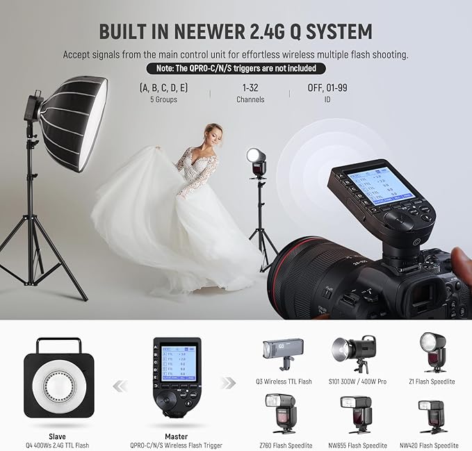 NEEWER Q4 400Ws 2.4G TTL Outdoor Studio Flash Strobe (New Look),1/8000 HSS 2800mAh Battery Powered Photography Monolight Speedlite 30W Modeling Lamp/400 Full Power Flash/0.01-1.2s Recycle/Bowens Mount