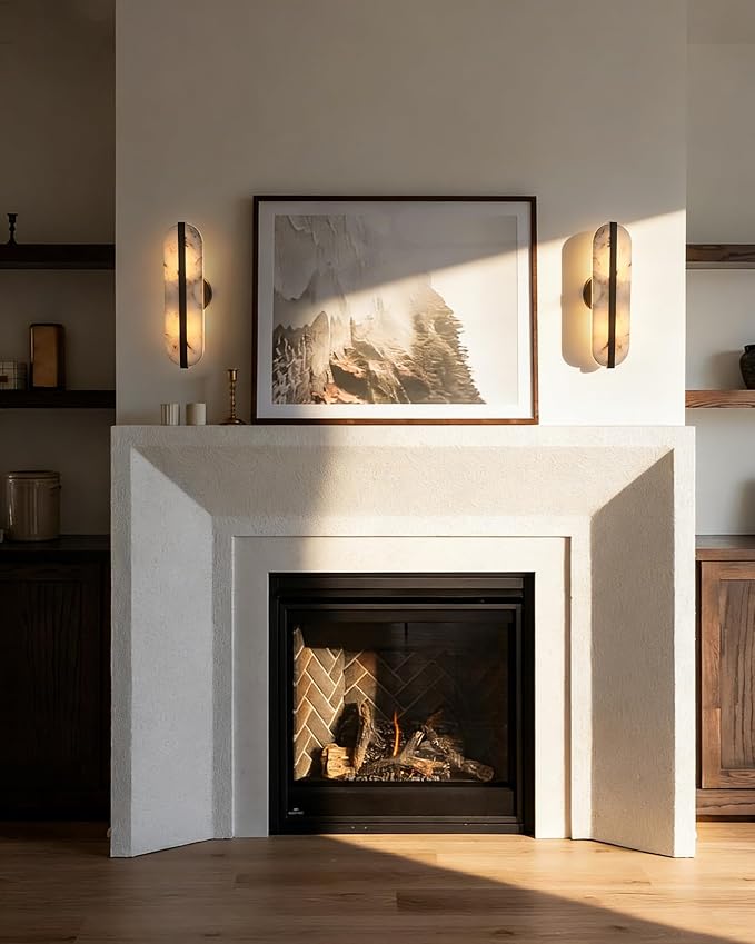15.7in Natural Alabaster Wall Sconce Oval Marble Sconce Lighting | Black Bathroom Vanity Light Modern Stone Wall Lamp Hardwired Wall Mount Light for Bedroom Living Room Hallway Restaurant