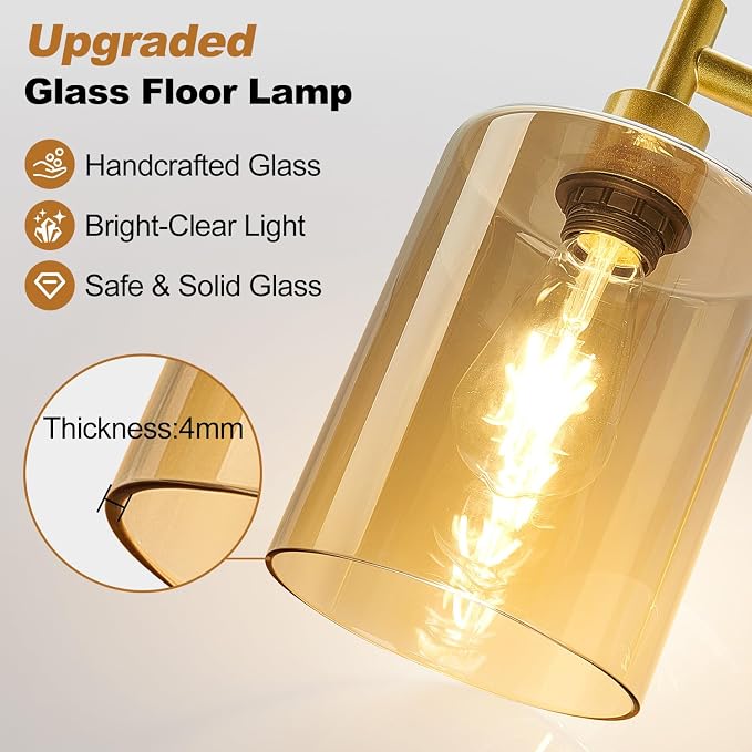 【Upgraded】 Dimmable Floor Lamp for Living Room with Amber Glass Lampshade, Black Modern Glass Floor Lamp with 900LM LED Bulb Included, Arc Standing Tall Lamp for Bedroom, Office, Reading Room, Corner