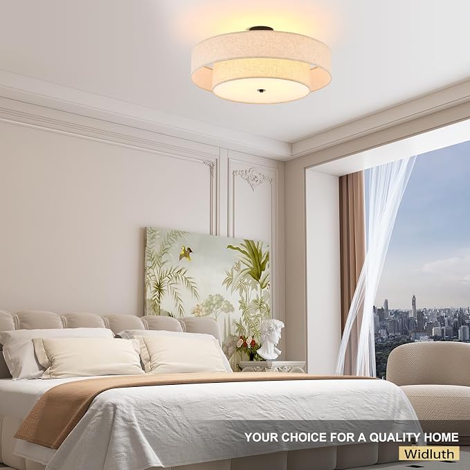 25.6" Black Semi Flush Mount Ceiling Light，5-Light Linen Shade | Large Modern Fabric Drum Light Fixture，E26 Base for Living Room ,Bedroom ,Kitchen ,Dining Room ,Hallway,Closet,Laundry Room