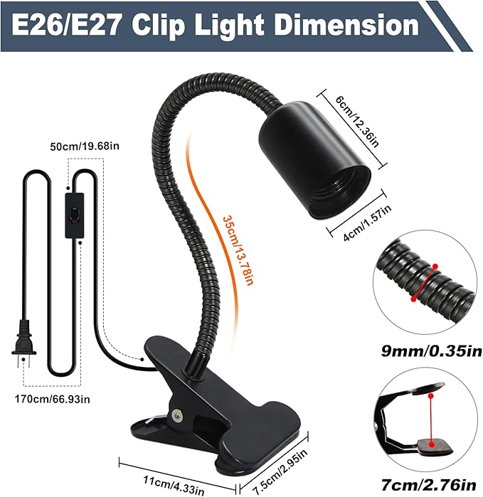 E26/E27 Clip-On Bulb Holder With 7.2Ft Switch Cable - Flexible Desk Lamp With Metal Clip, 9MM&35CM Thickened Lengthened Gooseneck Clamp Light Socket for Bedside Table