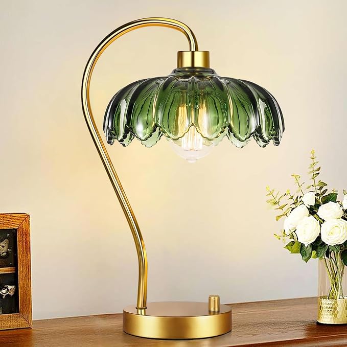 ILLMTW Flower Table Lamp for Bedroom Living Room,Small Gold Bedside Lamps Dimmable Boho Bedroom Lamp with Glass Green Lamp Shade,Vintage Mid Century Modern Mini Nightstand Lamp