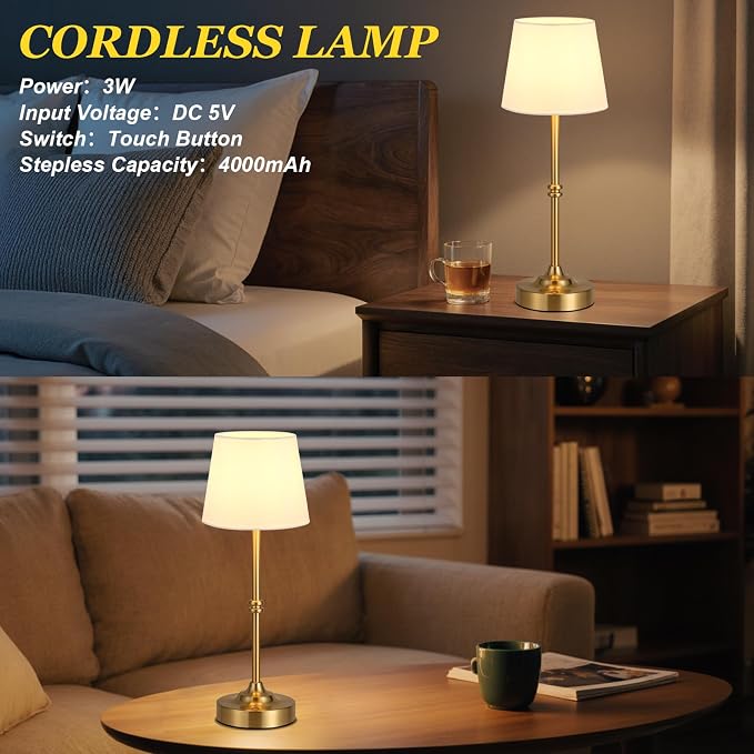 Kakanuo Cordless Table Lamp, Rechargeable Battery Operated, Brass, 1 Pack | 4000mAh Battery, USB-C Charging, 3000K Warm Light, Touch Control, Stepless Dimming, Bedside, Dining Table, Living Room