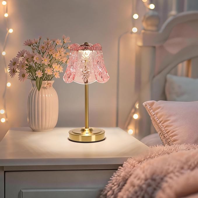 Shenmoyl Cordless Touch Table Lamp with 5200mAh Battery - 3 Adjustable Color Temperatures & Dimmable, Rechargeable Desk Lamp for Bedroom, Living Room, Office, Entryway, Bookshelves (Clear Pink Rose)
