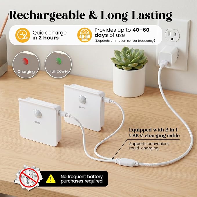 ZISUYU Rechargeable Motion Sensor LED Night Light, Step Light, 3000K Warm | USB Rechargeable Magnetic Stick-On Lamp, Wireless Wall Light for Stair Hallway Bedroom Bathroom Kitchen Closet(2 Pack)