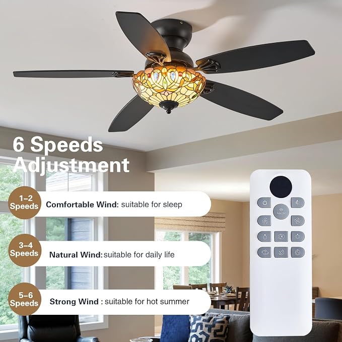 Tiffany Ceiling Fans with Lights-48"Ceiling Fan Chandelier and Glass Shade | 48" Ceiling Fan Chandelier with 5 Dual-Blades and Glass Shade, 6 Speeds and Reversible, Indoor and Outdoor, Retro Style