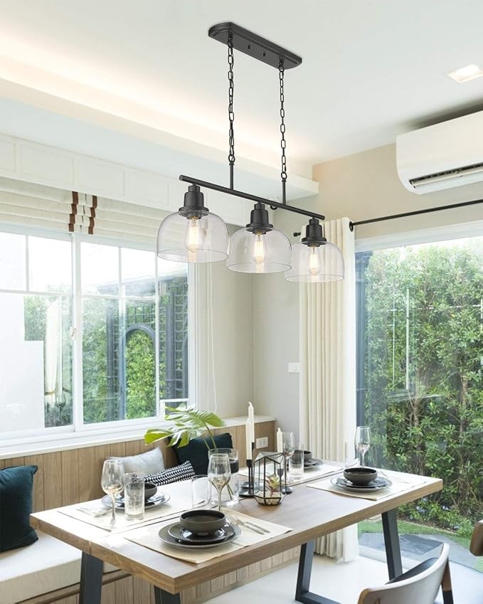EAPUDUN 3-Light Kitchen Island Light, 35.4" Farmhouse Chandelier for Dining Room Pool Table Pendant Light, Black Finish with Seeded Bubble Glass, PDA1125-ORB