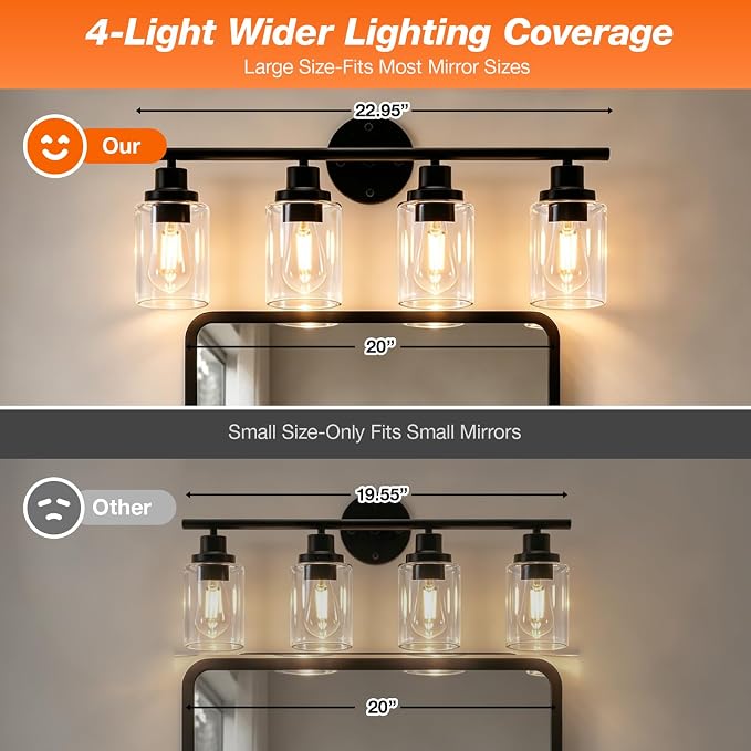 LEDVANCE Sylvania 23" Modern Bathroom Light Fixture with 4 Clear Glass Shades, Iron with Black Finish, E26 Medium Base, Vanity Lights for Bathrooms, Foyers, Entryways - 1 Pack (67905)