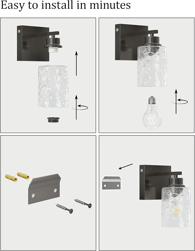 Hammered Glass Wireless Battery Operated Wall Sconces Set of Two Black | Dimmable Rechargeable Wall Lights with Remote Timer, Easy Install Lamp for Living Room Bedroom, Emergency 3000K