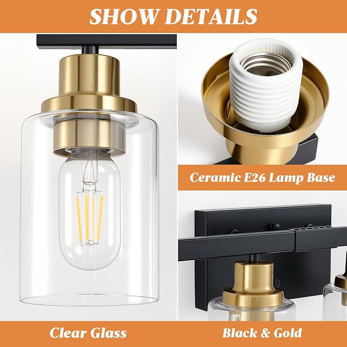 6-Light Vanity Lights Bathroom Light Fixtures,Black and Gold,37" | Modern Bathroom Vanity Light over Mirror with Clear Glass Shade,Farmhous Wall Mounted for Bathroom,E26 Base