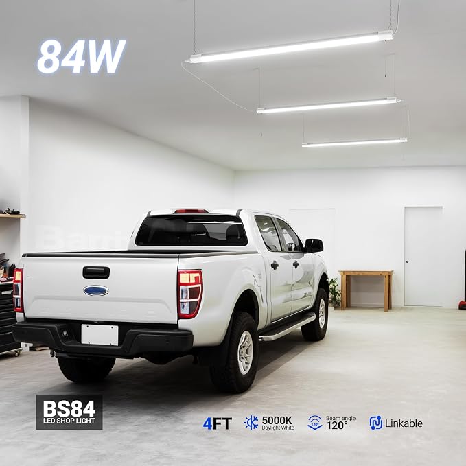 Barrina BS84 LED Shop Lights 4FT for Workshop, 84W 10000LM 5000K, 4 Packs | 4FT for Garage Basement, Hanging or Flush Mount, Linkable to 3, Heat Dissipation with Pull Chain Switch, Frosted Cover, White