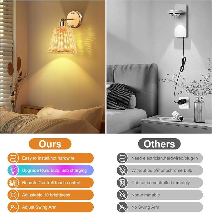 Frideko Rattan Rechargeable Wall Sconces Set of Two with Remote, RGB 15 Colors Dimmable Battery Operated Wall Lights, Indoor Wireless Wall Lamp with 3 Timer, Farmhouse Boho Sconce Light for Bedroom