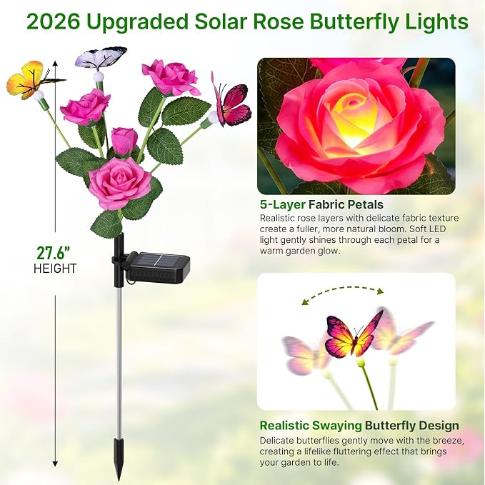 Solar Garden Lights Outdoor, 3 Pack Solar Flower Swaying Butterfly Lights | 12 Color Changing Rose Flowers & 9 Warm White Butterflies, IP65 Waterproof Garden Decor for Outside, Gifts for Women