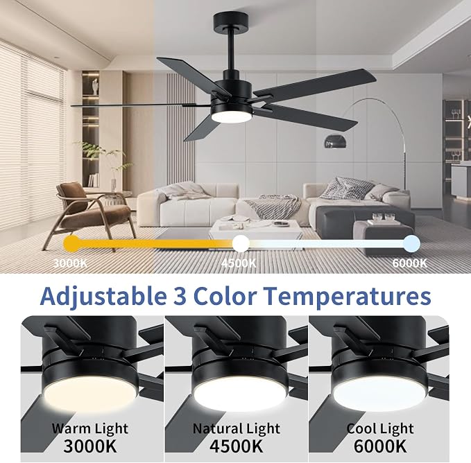 LANMEL Metal Ceiling Fan with Lights and Remote, 52 Inch, Black | Modern Low Profile Flush Mount, Reversible, 3CCT Dimmable, Quiet, LED, For Bedroom, Living Room, Indoor/Outdoor Patio Use